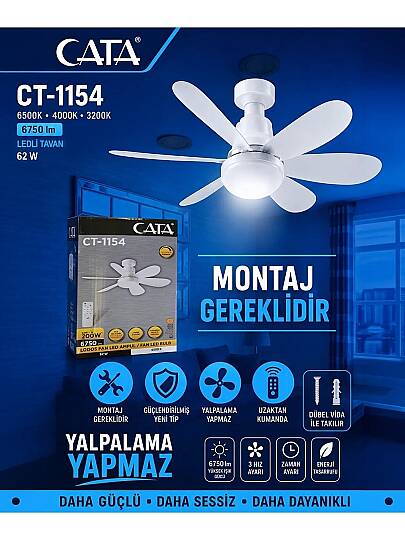 Cata CT-1154 62W Lodos Kumandalı Fan LED Ampul 